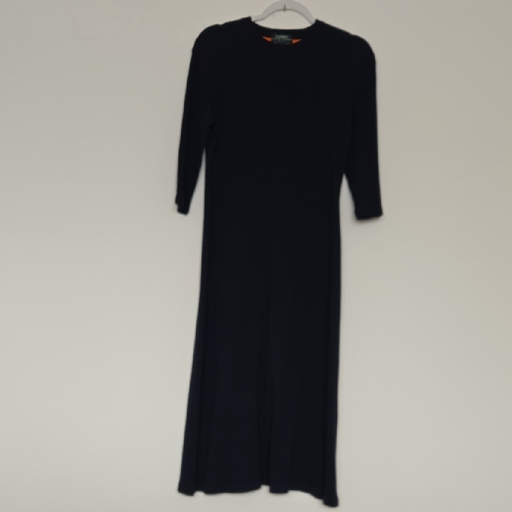 Ralph Lauren Classic Navy Cotton Ribbed Long Dress Minimalist Designer LP